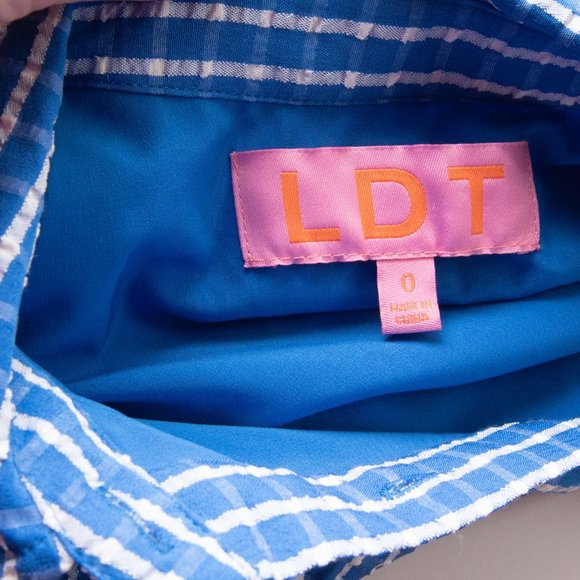 LDT “Chris” Dress Mini Check Button-Down Short Sleeve Blue White Size 0 NWT - Picture 4 of 7